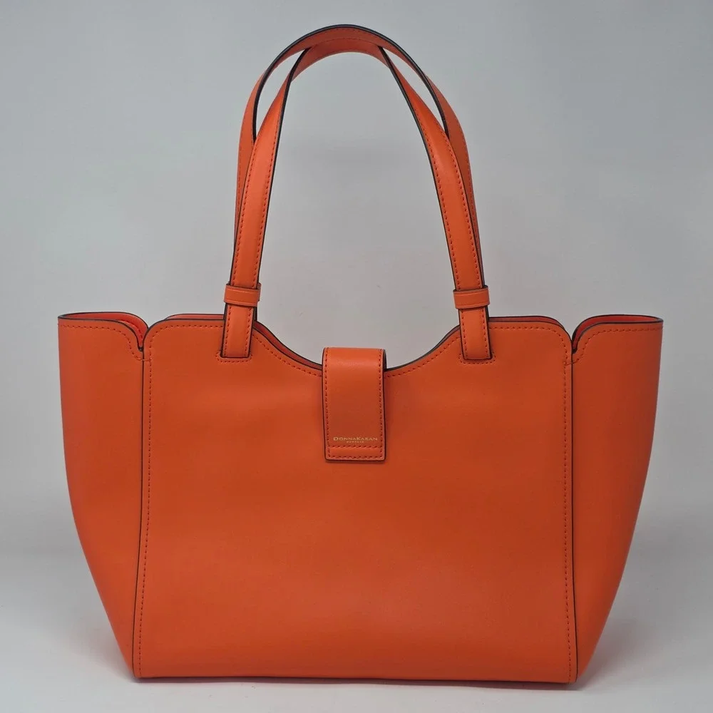 Donna Karan New York Orange Leather Tote Bag Gold Crescent Hardware Shoulder Bag